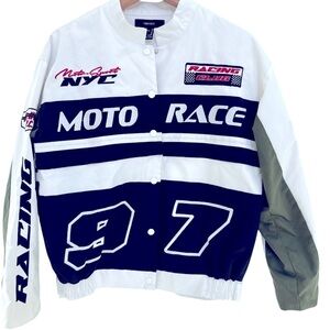 Forever 21 Women’s  Bomber White Jacket Patches Sports Car Racer Size Medium